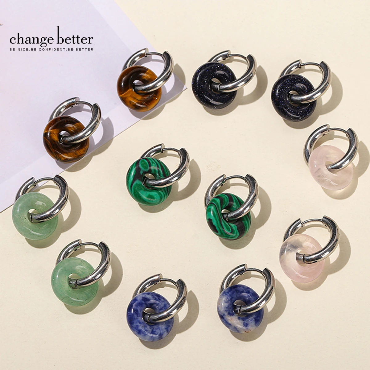 

Ladies Natural Stone Drop Earrings Donut Cute Stainless Steel Pink Quartz Malachite Round Drapery Earrings Jewelry Gifts 2025new