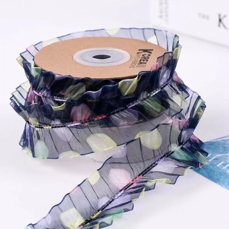 4cm Wide Gauze Printed Pleated silk Lace Handmade DIY Camouflage Skirt Lengthened Christmas wedding Collar cuffs Gift Decoration