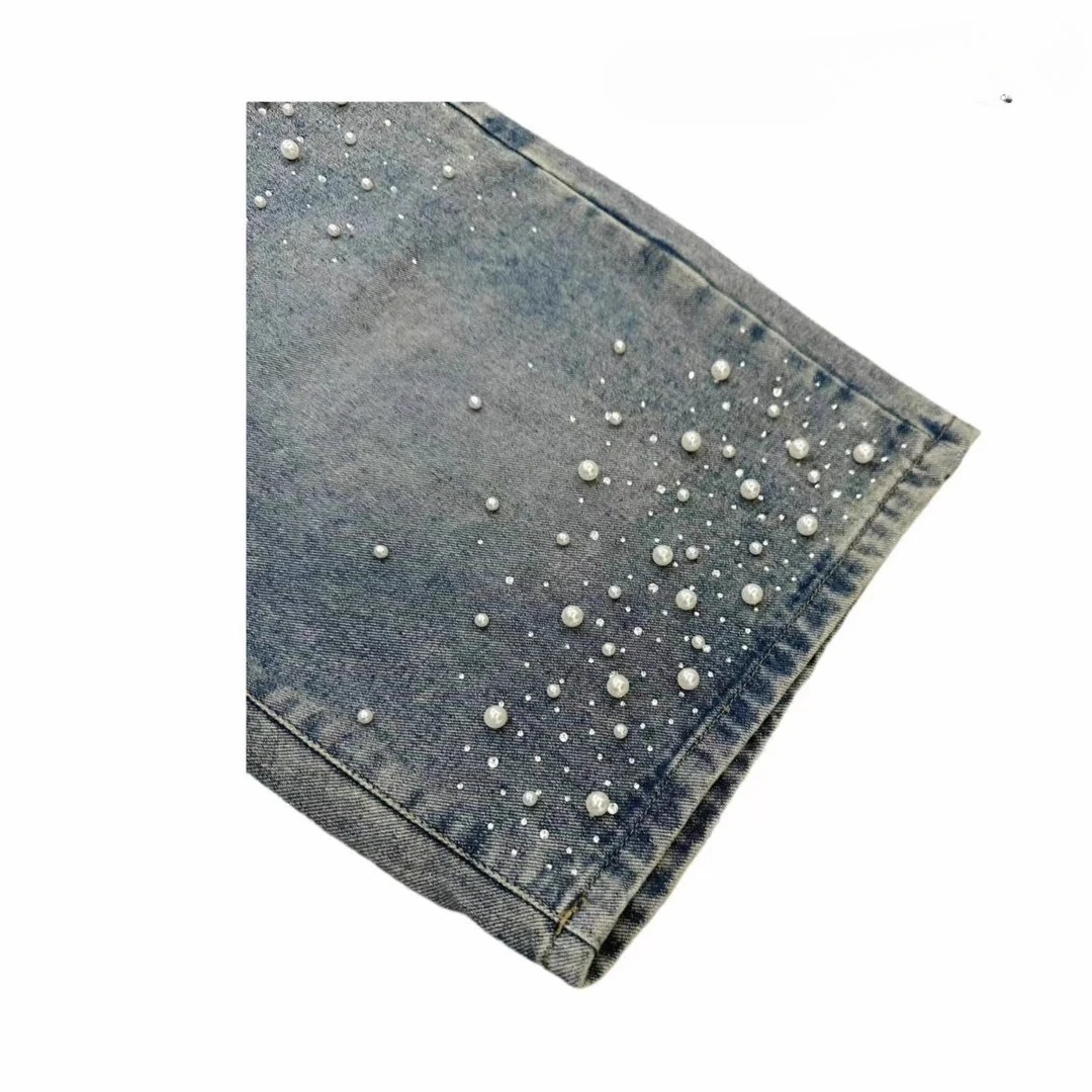 Korean Fashion Heavy Industry Hot Drilled Pearl Denim Shorts Vintage Washed Distressed Unisex Trendy Slim Fit Five-Point Shorts