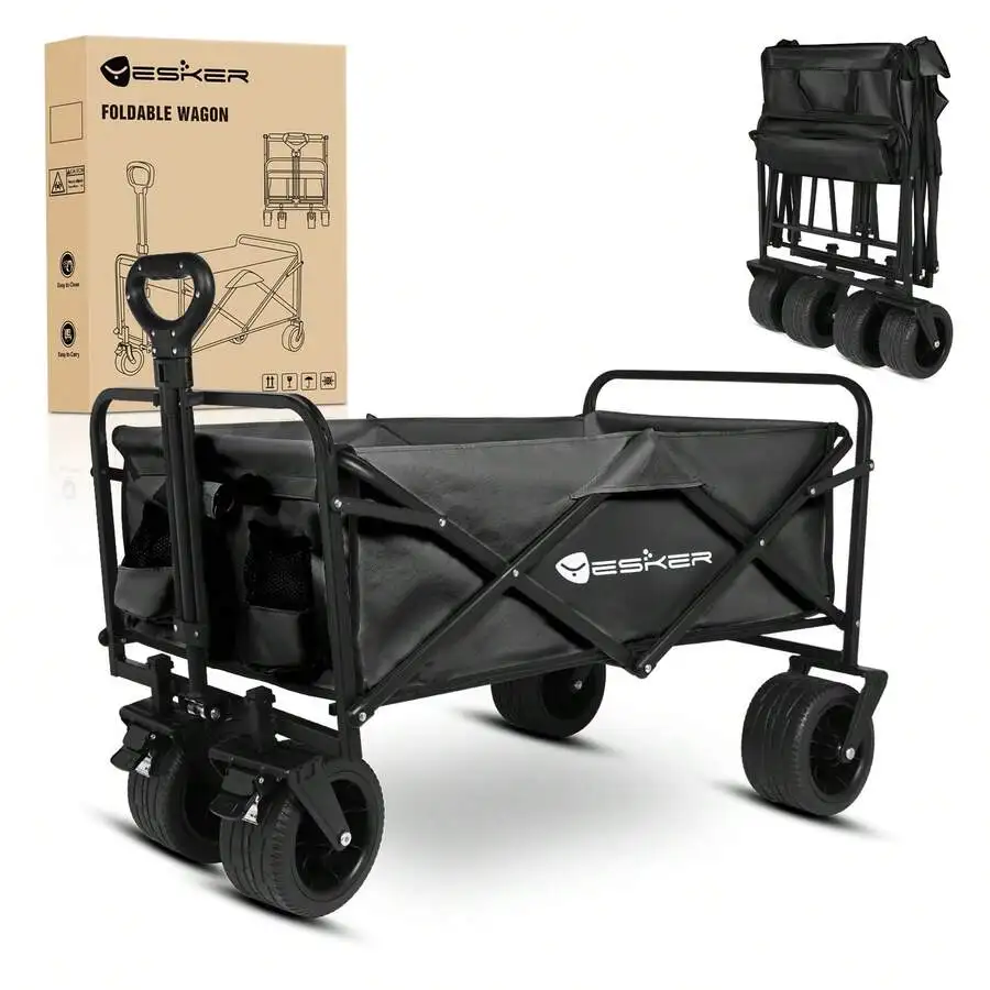 

Portable Folding Outdoor Food Truck Collapsible Wagon Cart, 360° All-Terrain Wheels Drink Holders Large Capacity For Camping