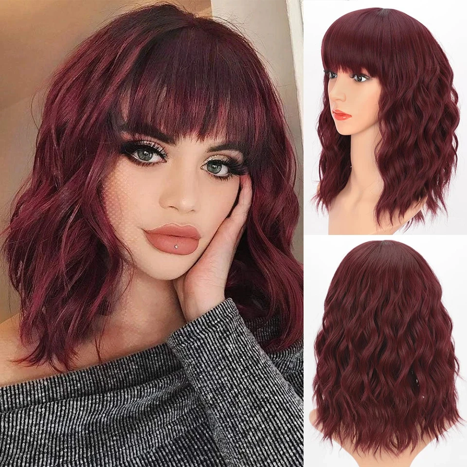 

I's a wig Short Black Synthetic Wigs with Bangs Short Wavy Bob Wig for Women Brown Red Ombre Blonde Daily Use Lolita Cosplay Wig