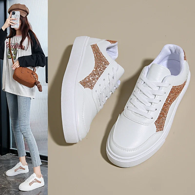 Flats Sport Shoes for Women Gold Female Popular Daily Outside Street Walking Shot Sneakers Comfortable Autumn Shoes