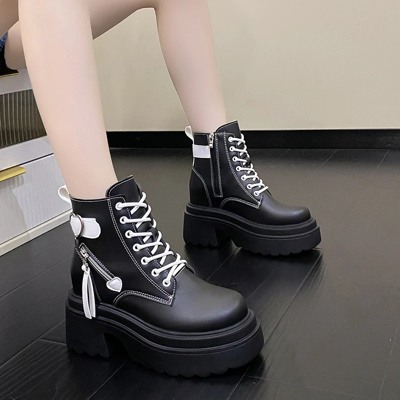 New Arrival jesienne botki damskie wysoka podeszwa buty motocyklowe zimowe sznurowane Chunky Sneakers wygodne skórzane buty 10CM