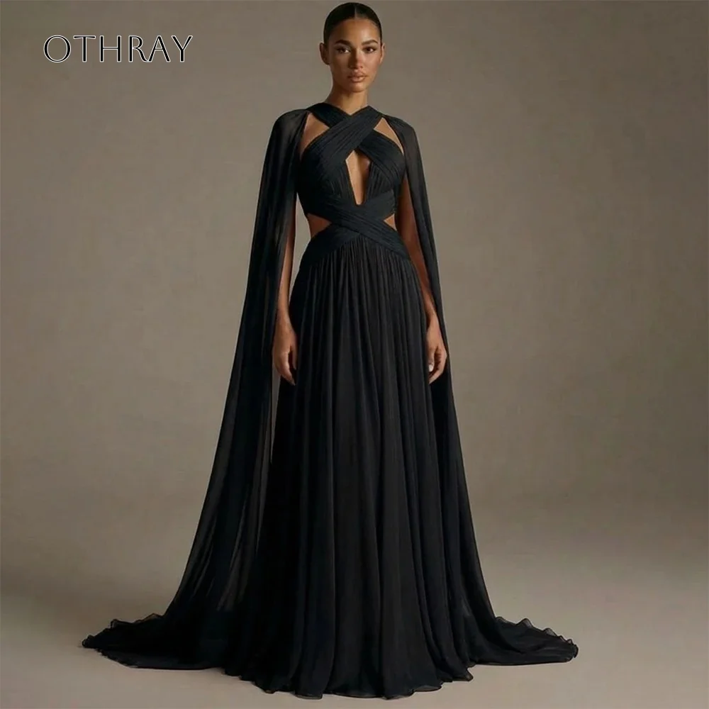 Halter A-line Evening Dresses Wrap Long Sleeves Chiffon Sweep Prom Gowns Pleated Customized شارون سعيد