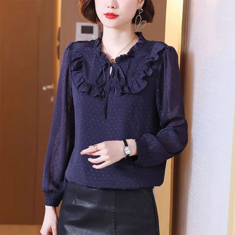 Women\'s Clothing Casual Polka Dot Round Neck Shirt Stylish Ruffles Drawstring Spring Autumn Spliced Shirring Long Sleeve Blouse