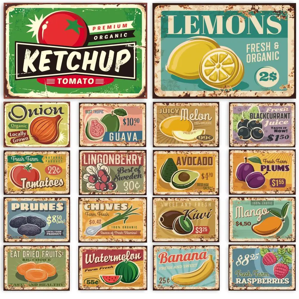 Vintage Fruits And Vegetables Ketchup Posters Metal Tin Sign Plaque Home Decor For Kitchen Restaurant Home Decorative Plates