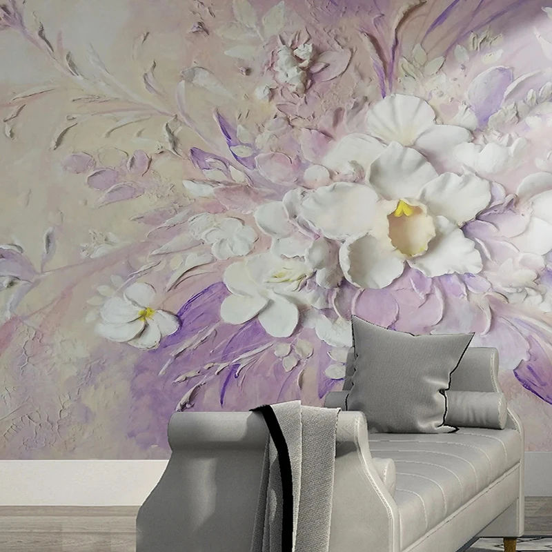 Photo Wallpapers 3D Relief Purple Flowers Mural Living Room Bedroom Sofa TV Home Decor Wall Cloth Waterproof Papel De Parede 3D