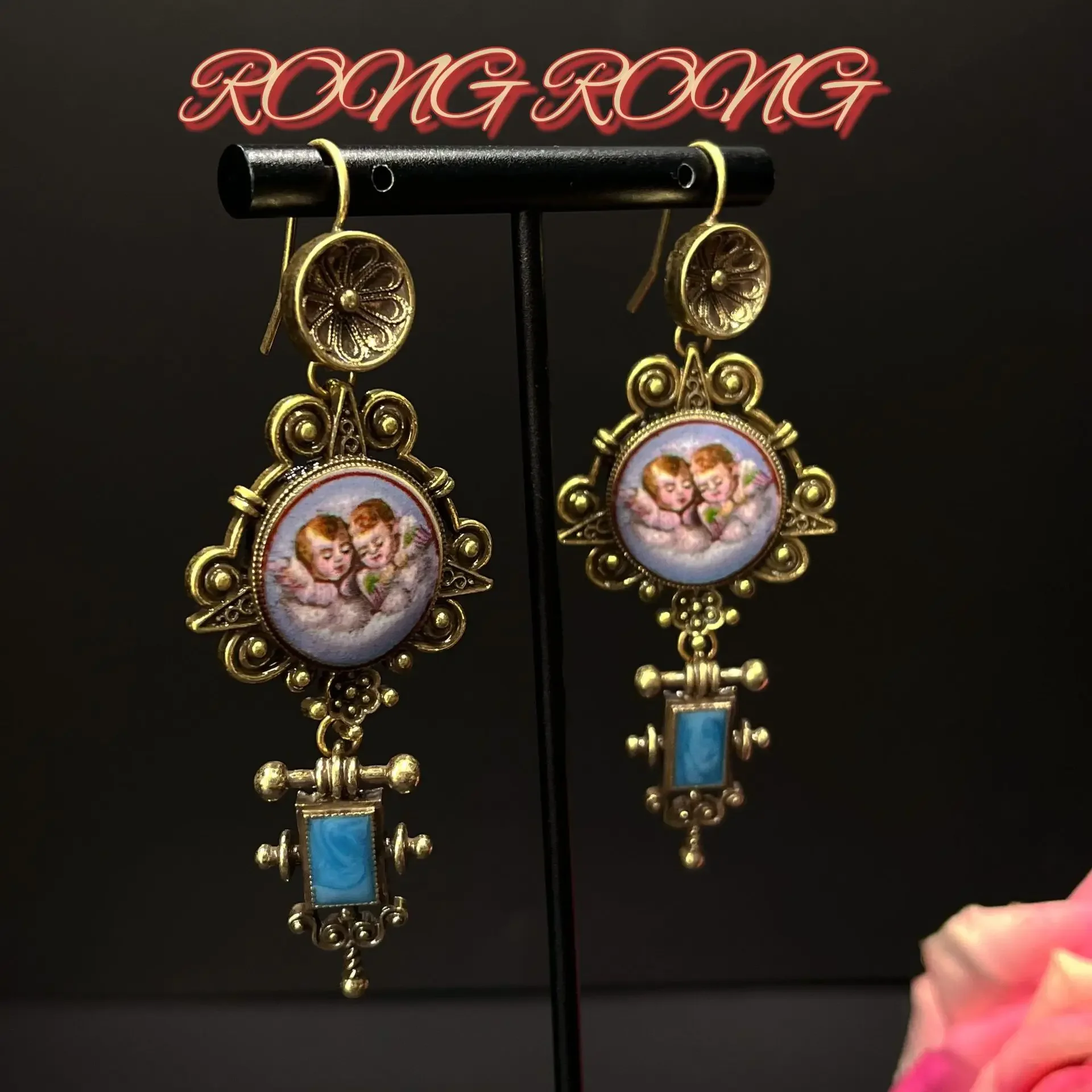 Retro Vintage Western Antique Palace Retro Angel Earrings Heavy Work Old European Exaggerated Earrings