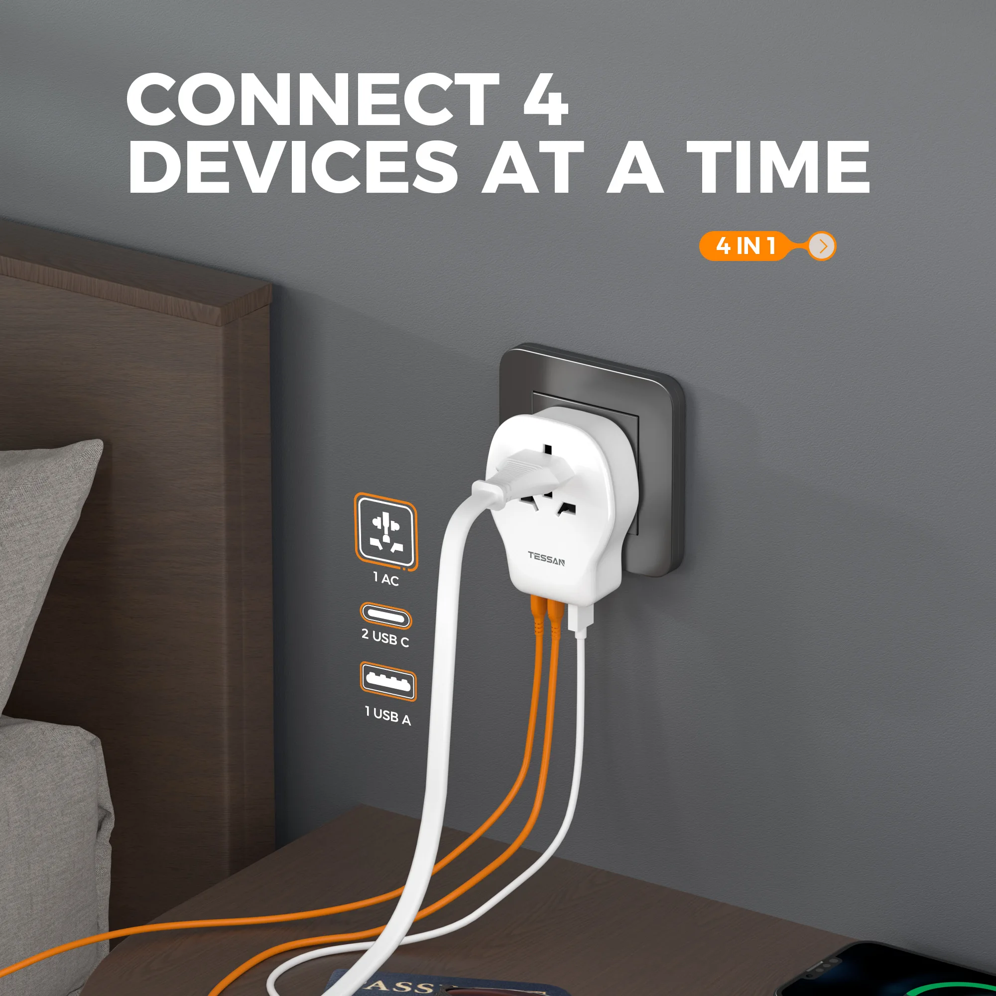 TESSAN adaptateur de voyage universel adaptateur de prise européen avec 1 prise ca 2 Type C 1 USB A prise murale multiple pour les voyages vers le royaume-uni et les états-unis