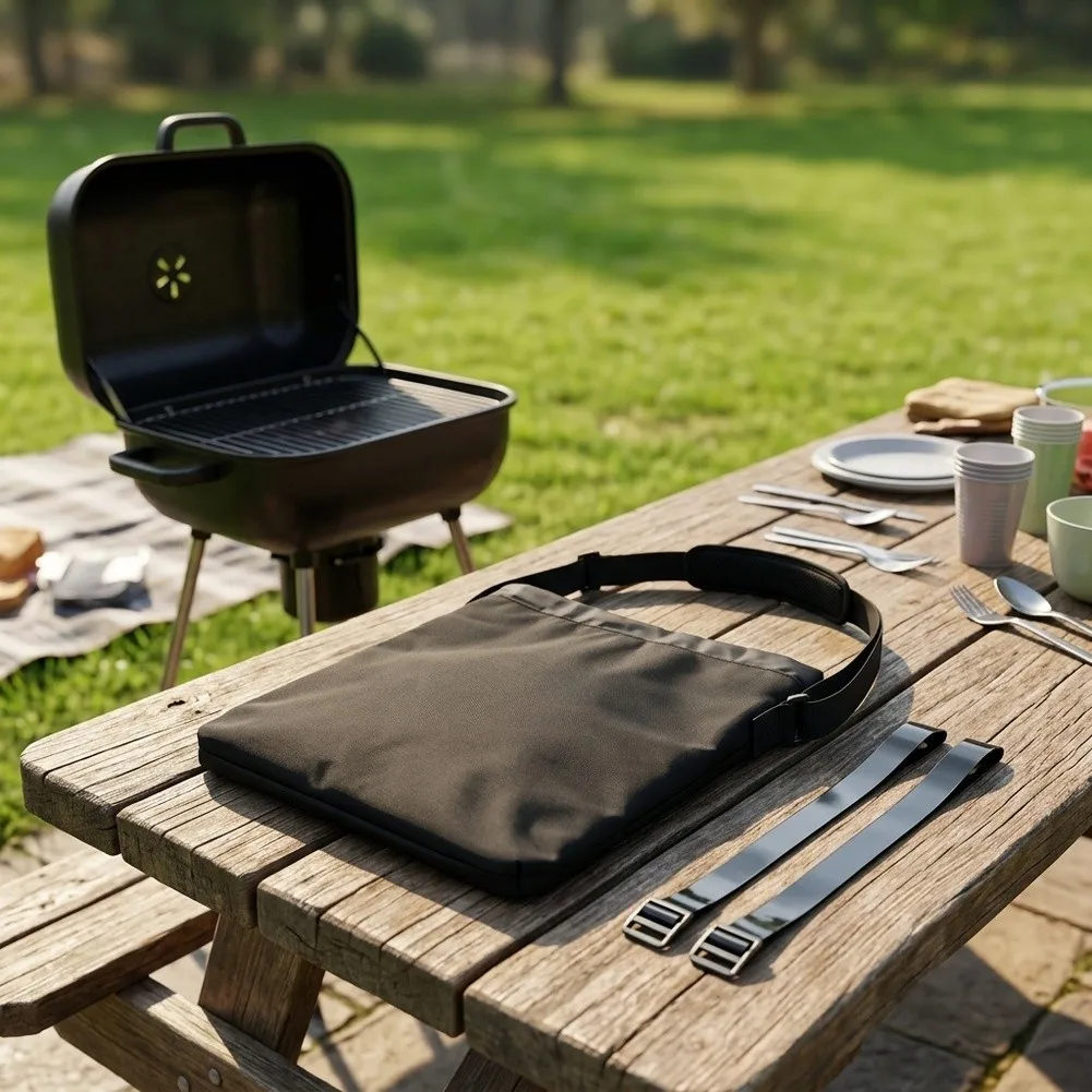 Adjustable 600D Polyester Storage Bag For Picnic & BBQ Supplies, Portable Carrier= With Shoulder Strap For Outdoor Camping Gear