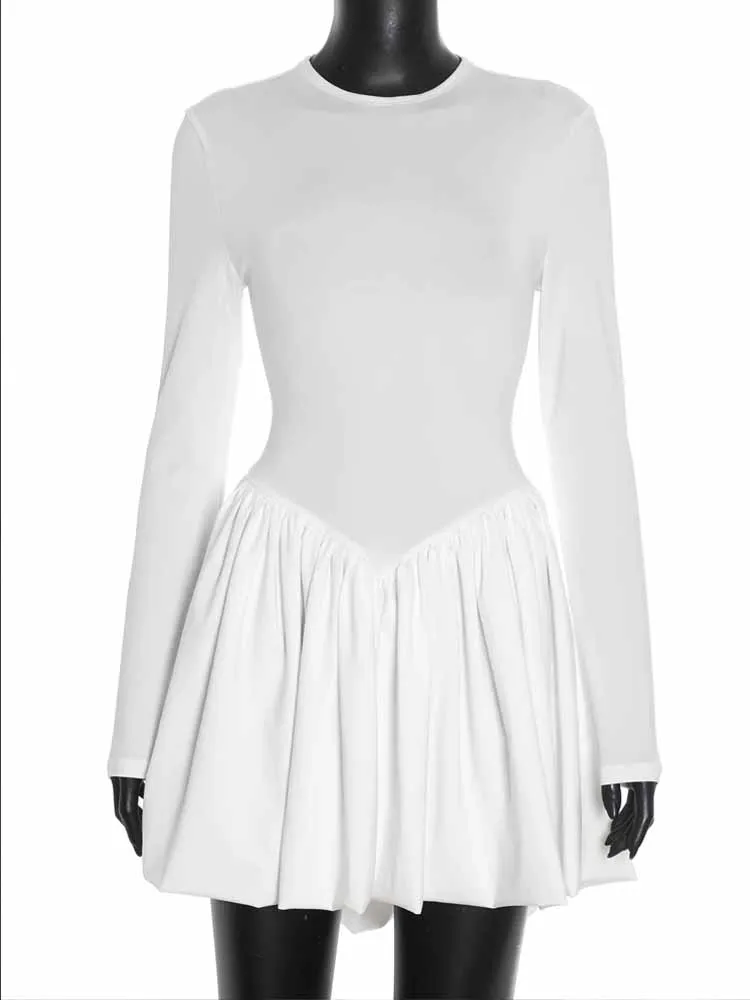 BKQU Autumn Pleated Long Sleeve Mini Dress Women Bodycon O Neck High Waist A-Line Elegant Dress Solid Evening Party Gown 2025