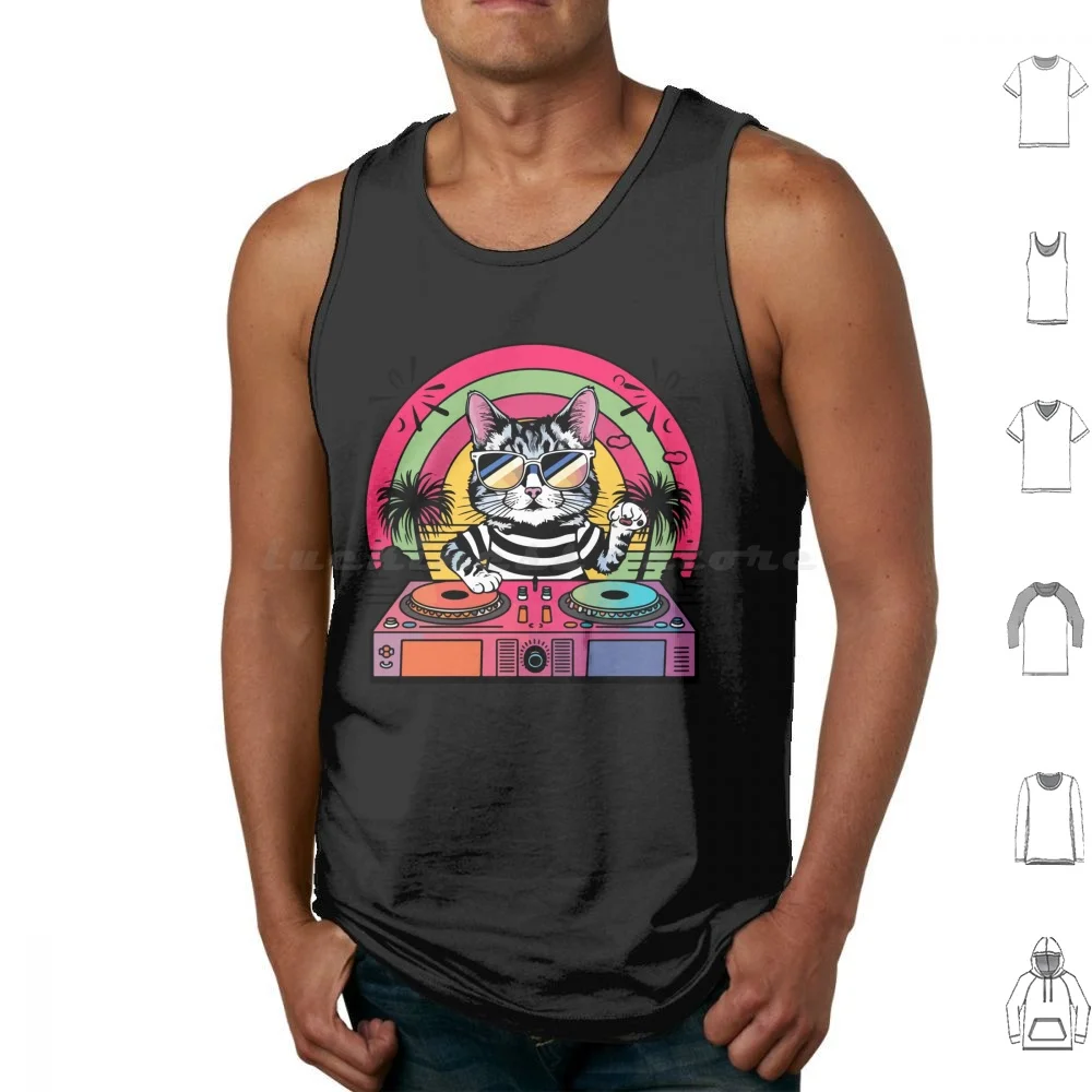 Dj Cat House Funny Cat Rainbow Sunset Tree Retro 80 Tank Tops Vest Sleeveless Cat Lover Kitten Sound Kitty Music Birthday