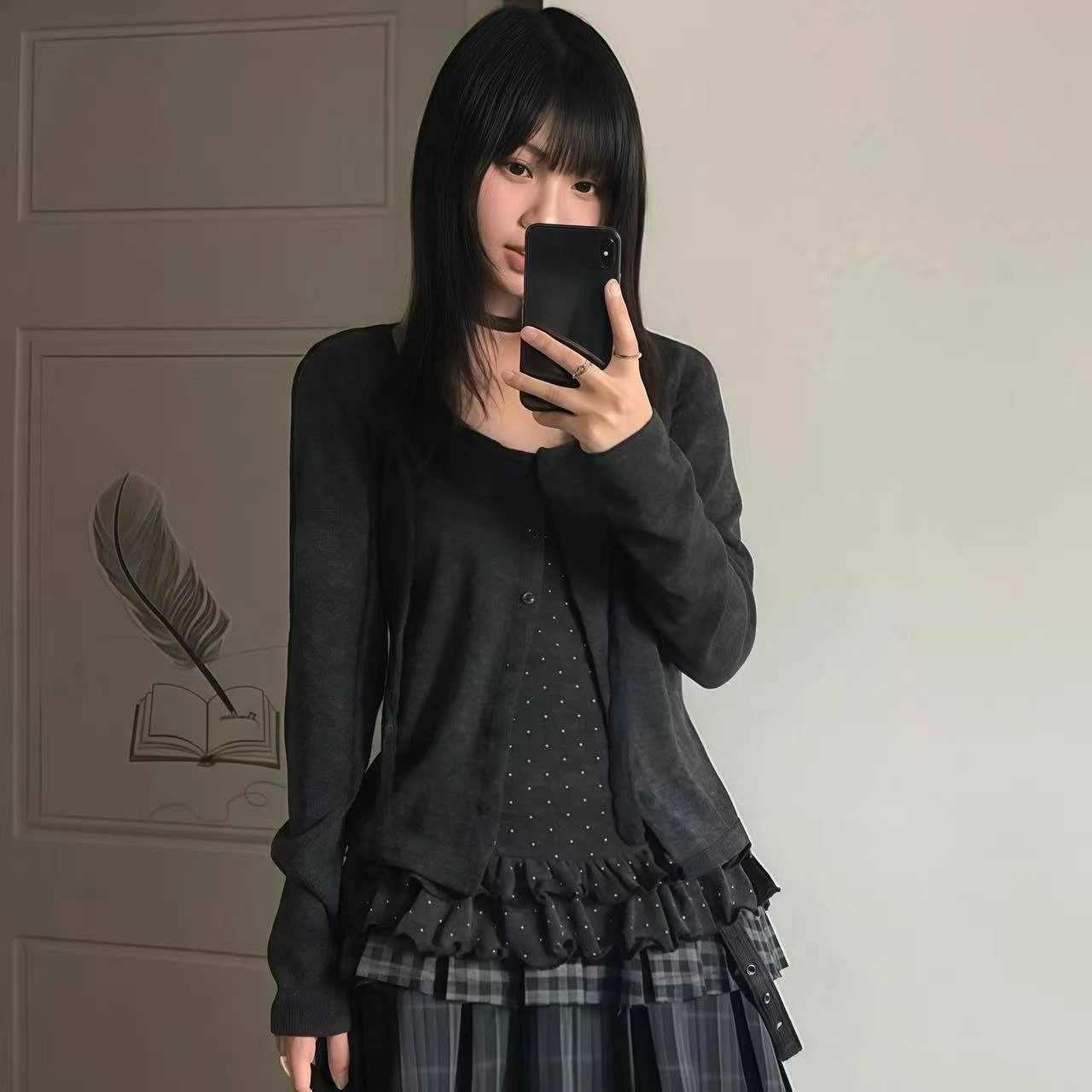 Y2K Süßes, Würziges Damen 2-Teiliges Outfit Retro Polka Dot Trägertop Lässiger Einfarbiger Cardigan Koreanische Mode Zweiteiler Süßes Rüschen-Oberteil