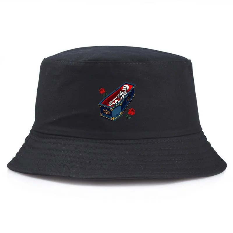Y2K Skull Rose Print Bucket Hat Cotton Fisherman's Hat Vintage Streetwear Unisex Packable Casual Fishing Cap