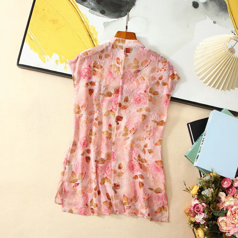 Winsleter-100% camicia elegante in velluto di seta reale, donna senza maniche floreale, camicetta ampia casual retrò, autunno 2025 nuovo T57043CC