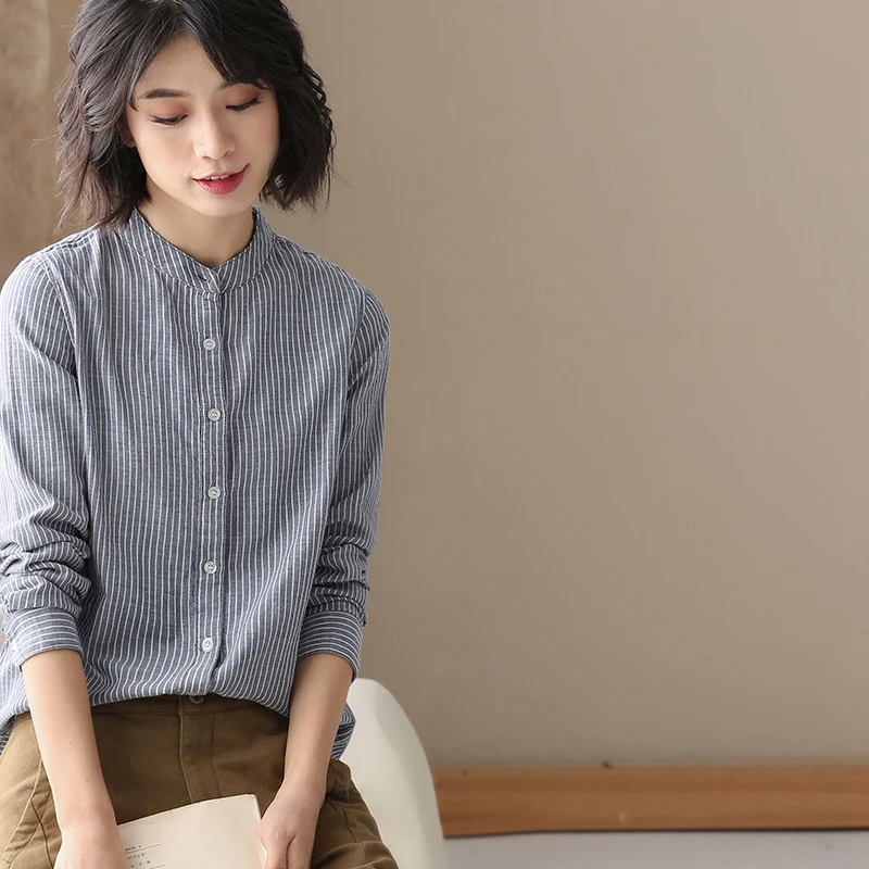 

Женский хлопковый топ irt Long Sve с воротником-стойкой в полоску, простой художественный свободный рукав, весенне-осенний белый повседневный топ на пуговицах