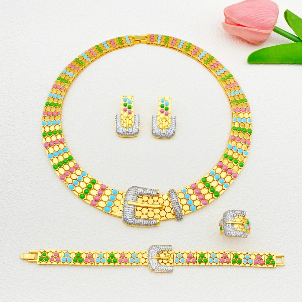 

Ювелирный набор JRH в европейском винтажном стиле: позолоченное медное украшение с цирконием (браслет, кольцо, ожерелье, серьги) для банкетов и торжеств