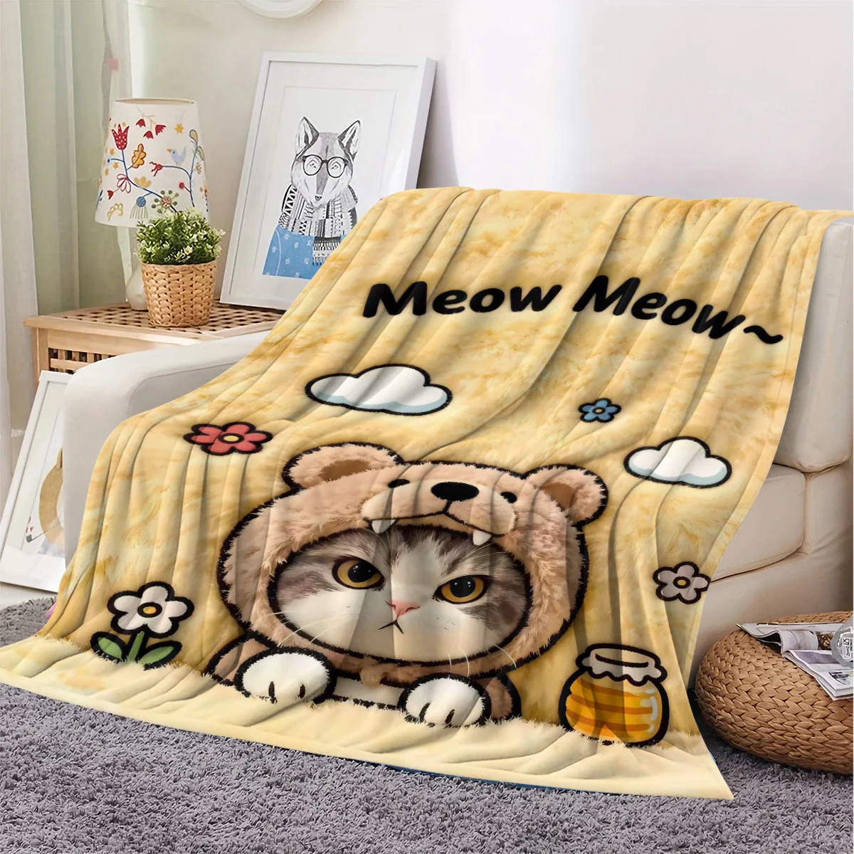 Cat and Bear Hat Pattern Flannel Throw Blanket - Soft and Warm, Suitable for Sofa, Home Leisure, Air Conditioning, Nap, Office B