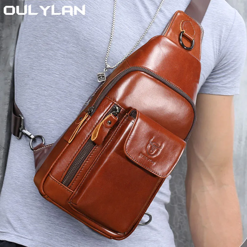 Chest Bag Pouch Genuine Leather Casual Travel Retro Male Crossbody Messenger Side Bags Men Cross Body Shoulder Sling Backpack