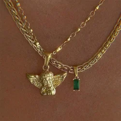 New Vintage 18K Gold Plated Stainless Steel Angel Green Diamond Pendant Necklace for Women Fashion Jewelry Party Gift