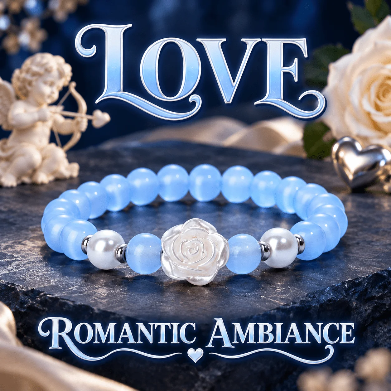 Blue Agate Rose Bead Bracelet, Light Blue Round Beads Paired with Imitation Pearls, Elegant French Style Wrist Accessory for Wom