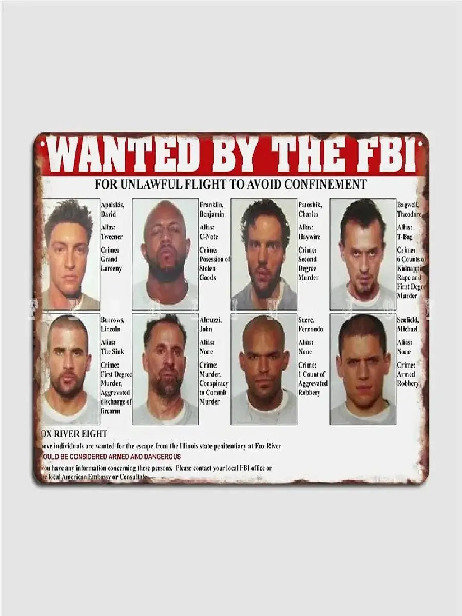 Prison Break FBI Wanted Poster Metal Plaque  Vintage Tin Sign Wall Decor for Kitchen Club Bar Cinema  Retro Home Decoration