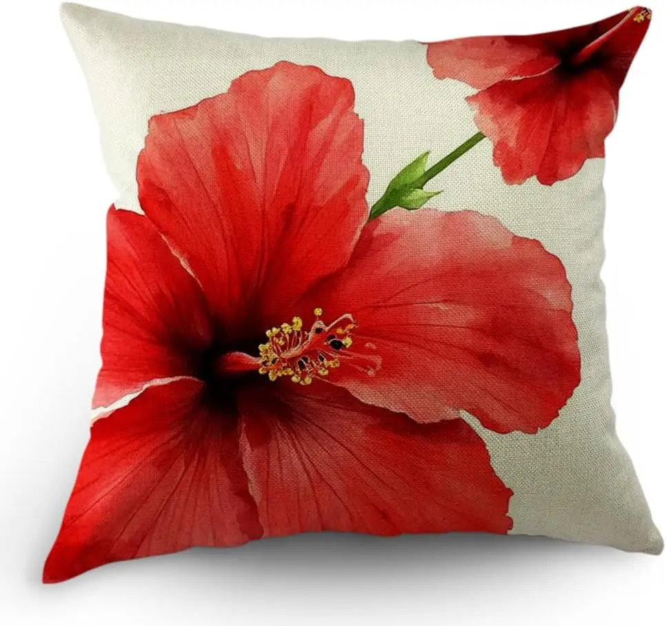 Hibiscus Flower Tropical Plant Double Sided Throw Pillow Cover Watercolor Nature Summer Red Decorative Case for Home and Car