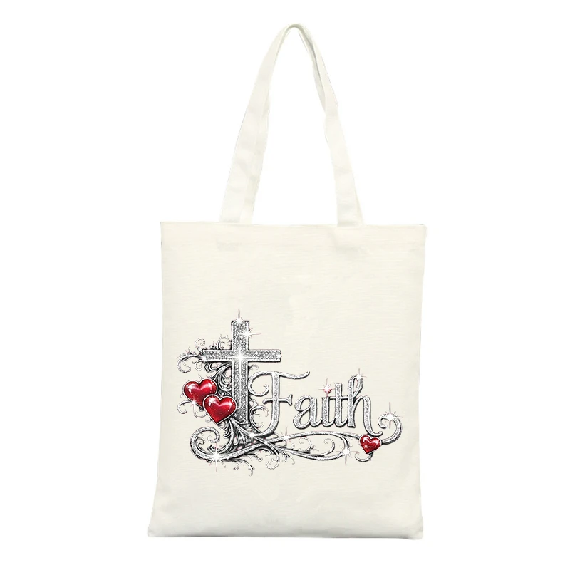 Canvas Tote Bag with Cross and Heart Graphic, Ideal for Casual Daily Use and Church Outings