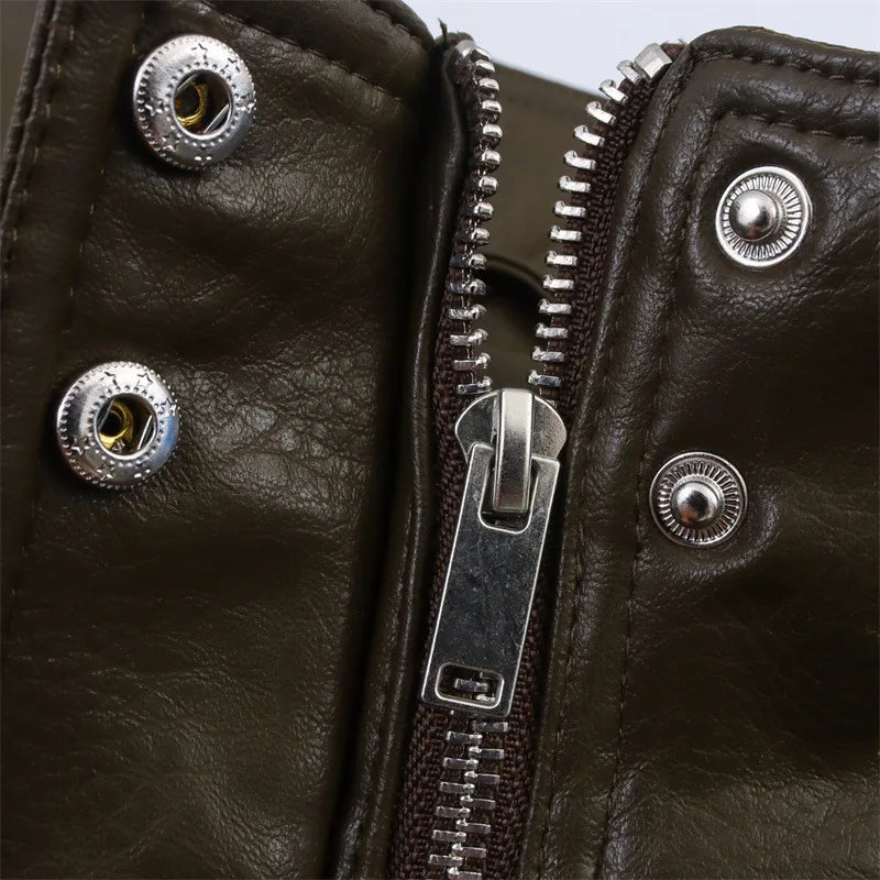 Street Faux Leather Jackets Women Loose Lapel Spliced Zipper Chocolate Retro Moto Biker Coat 2025 Autumn Lady Fashion Outwear