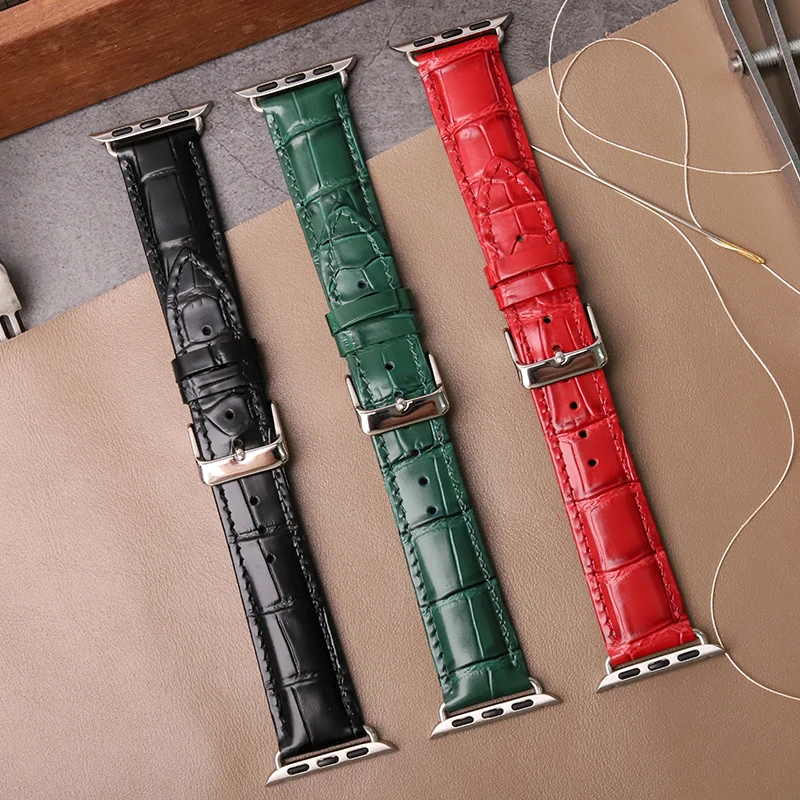 Hand sewn apple watch Seri es9 8 7 6 5 Apple Watch iwat chultra Leather Crocodile skin. watchband 49mm 45mm 42mm 38mm