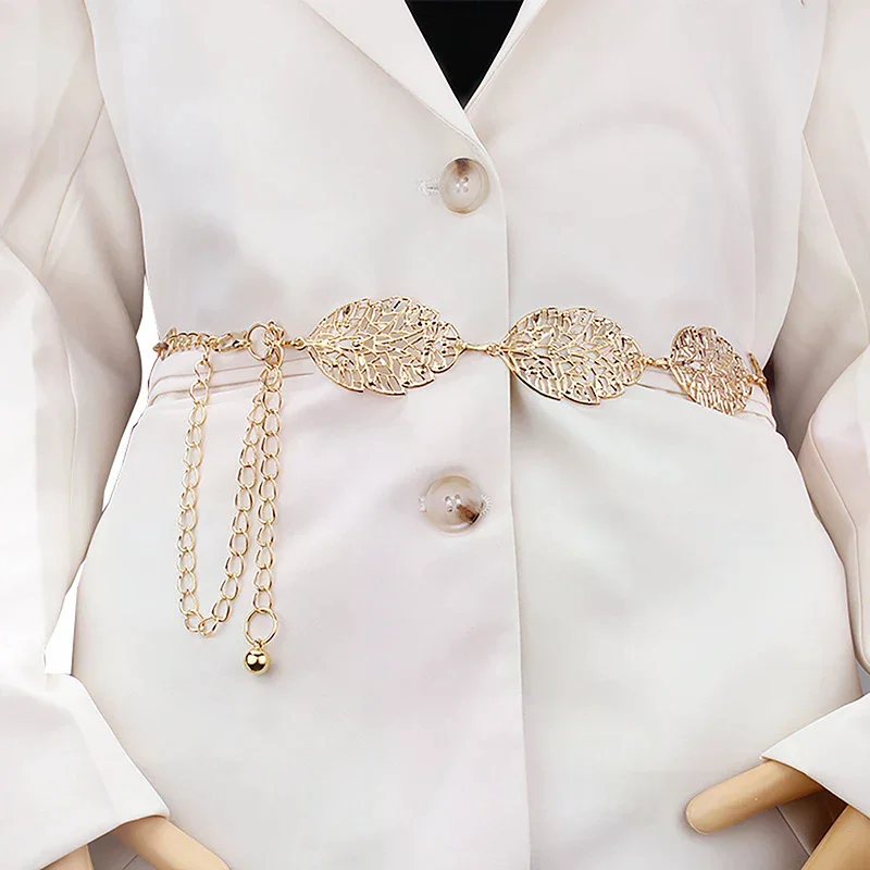 Fashion Simple Openwork Leaf Decorated Chain Belt Thin Waist Chain Ladies Decoration Waistband Dress Metal Jewelry Accessories