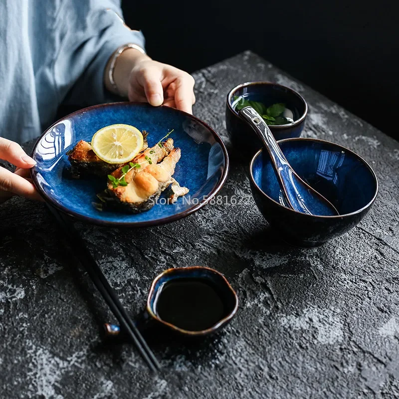 Japanese-style Deep Blue Ceramic Steak Plate Tableware Porcelain Tableware Set Dinner Dessert Plate Soup Bowl Tea Cup Sauce Dish
