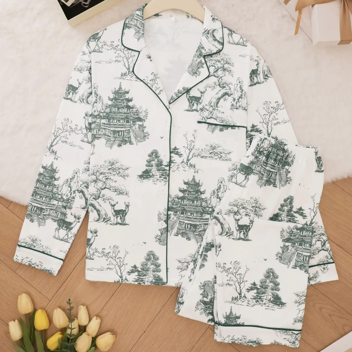 

Fresh white background Chinese style pajamas for women with lapels, long sleeved pants, casual and comfortable spring and autumn