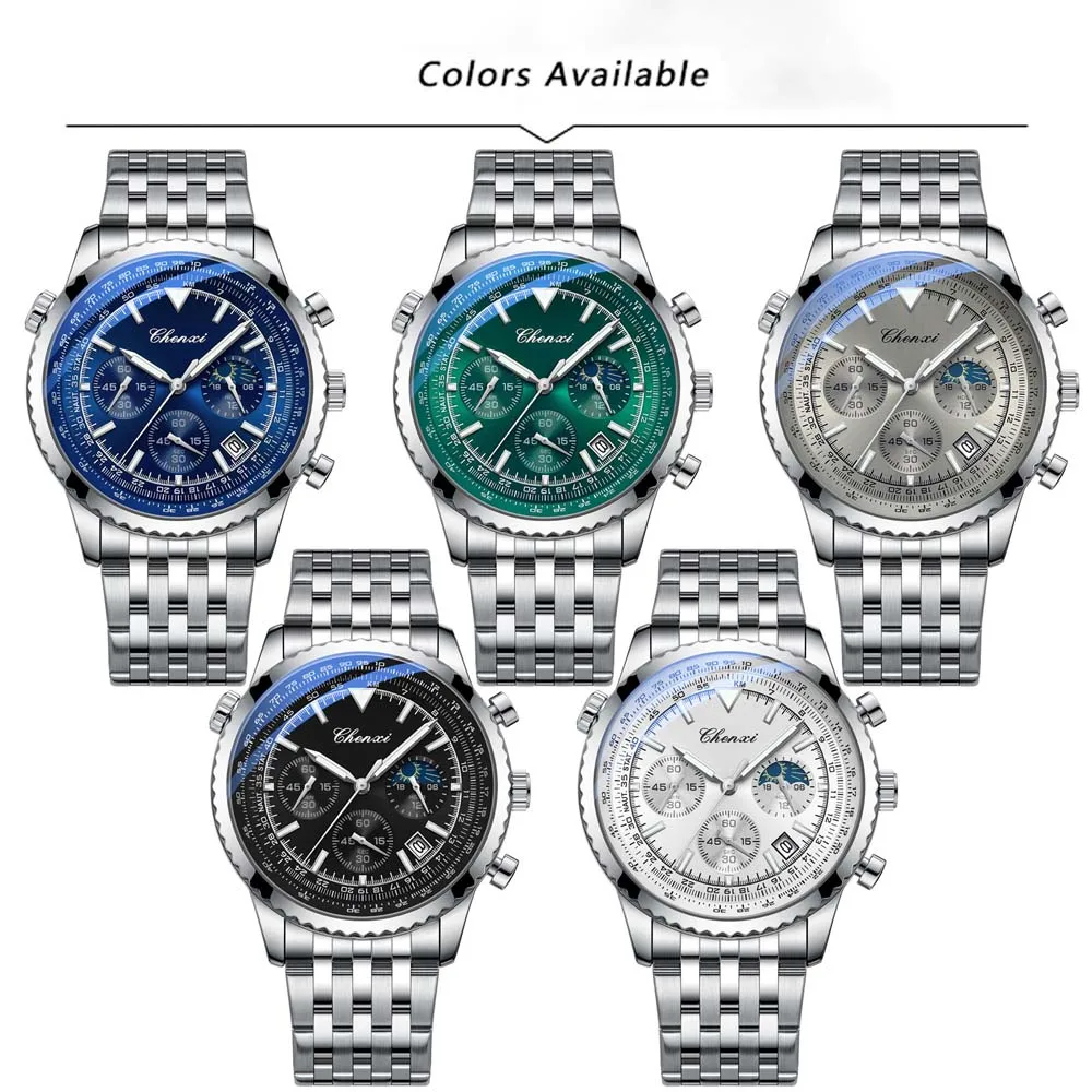 CHENXI ساعة رجالي متعددة الوظائف كلاسيكية رياضية كوارتز القمر المرحلة كرونوغراف ساعة اليد رجل هدايا مقاوم للماء Reloj Hombre