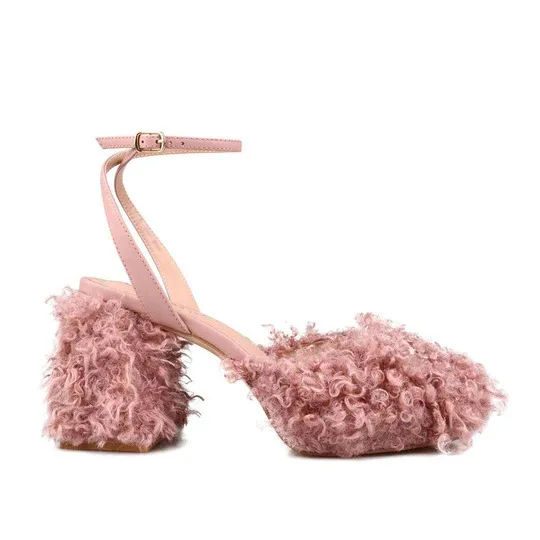 

Faux Lamb Wool Fur Close Toe Chunk Heels Sandals Blue Pink Curly Fur Woman Back Cross Strap Banquet Sandalias