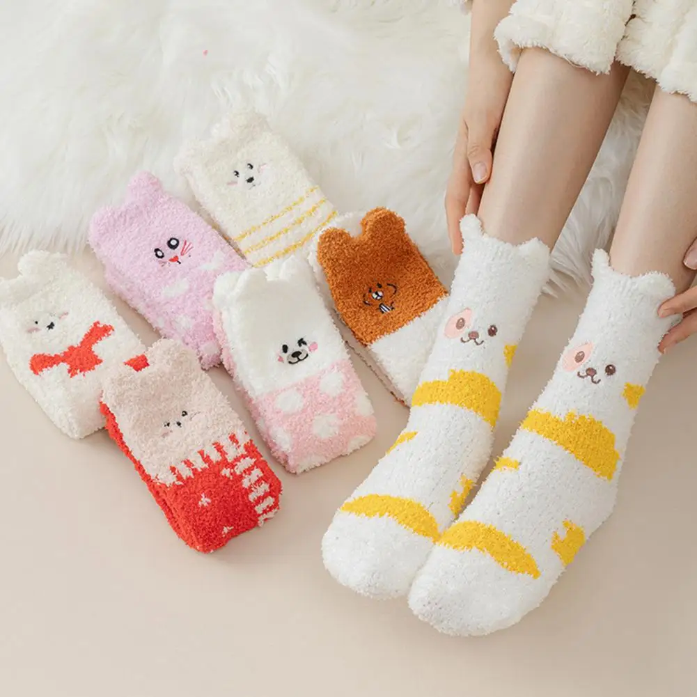 

Women Coral Fleece Mid Tube Socks Three-Dimensional Ears Little Bear Warm Soft Comfortable Autumn Winter Casual Socks