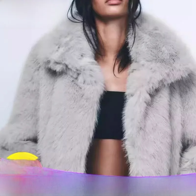 معطف نسائي قصير من TRF لفصلي الخريف والشتاء، إصدار جديد بأكمام طويلة وياقة عالية، بتأثير الفرو الصناعي، على الطراز الكوري، سم...