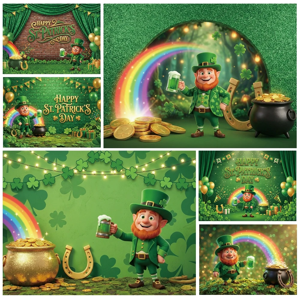 

MOON.QG St. Patrick's Day Leprechaun Background Photography Leprechaun Rainbow Pot Backdrop Product Shooting Props Photozone