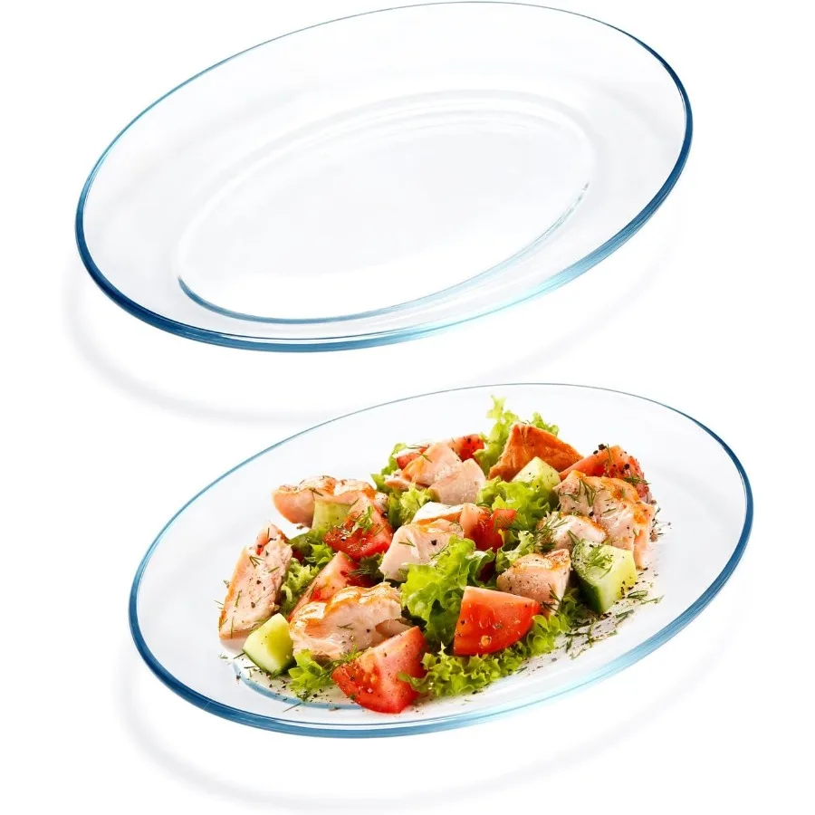 

2-упаковка овальных сервировочных тарелок из закаленного стекла для использования в духовке и микроволновой печи. Можно мыть в посудомоечной машине и штабелируемый дизайн. Идеально подходит для развлечений.