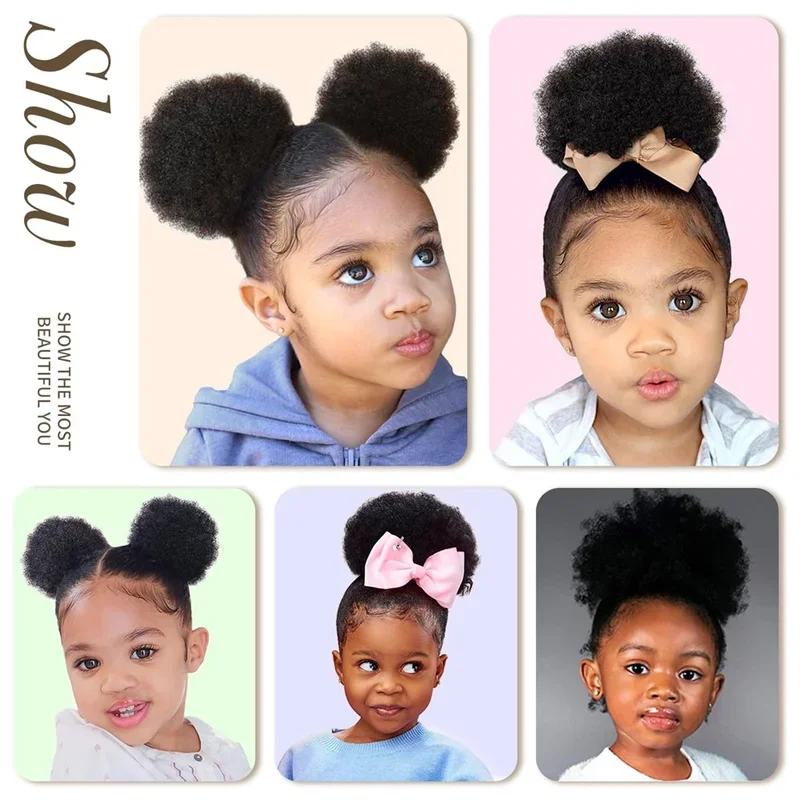 Afro puffs naturalny czarny afro puffowy kok z włosów dla dzieci 100% ludzki włos Remy mały kucyk ze sznurkiem dla małych dziewczynek kręcone