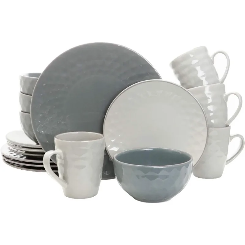 Round Tahitian Stoneware Pearl Collection Dinnerware Dish Set, 16 Piece, Slate and Stone Gray