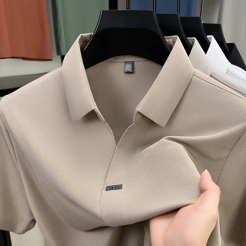 2025 New Men's Casual and Fashionable Solid Color Short Sleeved Polo Shirt Comfortable and Versatile Summer T-shirt - Image 2