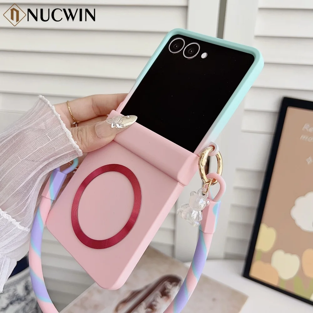 Hautfreundliche, kabellose, magnetische Handyhülle mit Trageschlaufe für Samsung Galaxy Z Flip 3 4 5 6 7 8, Macaron-Farbverlauf, PC-Hartschale