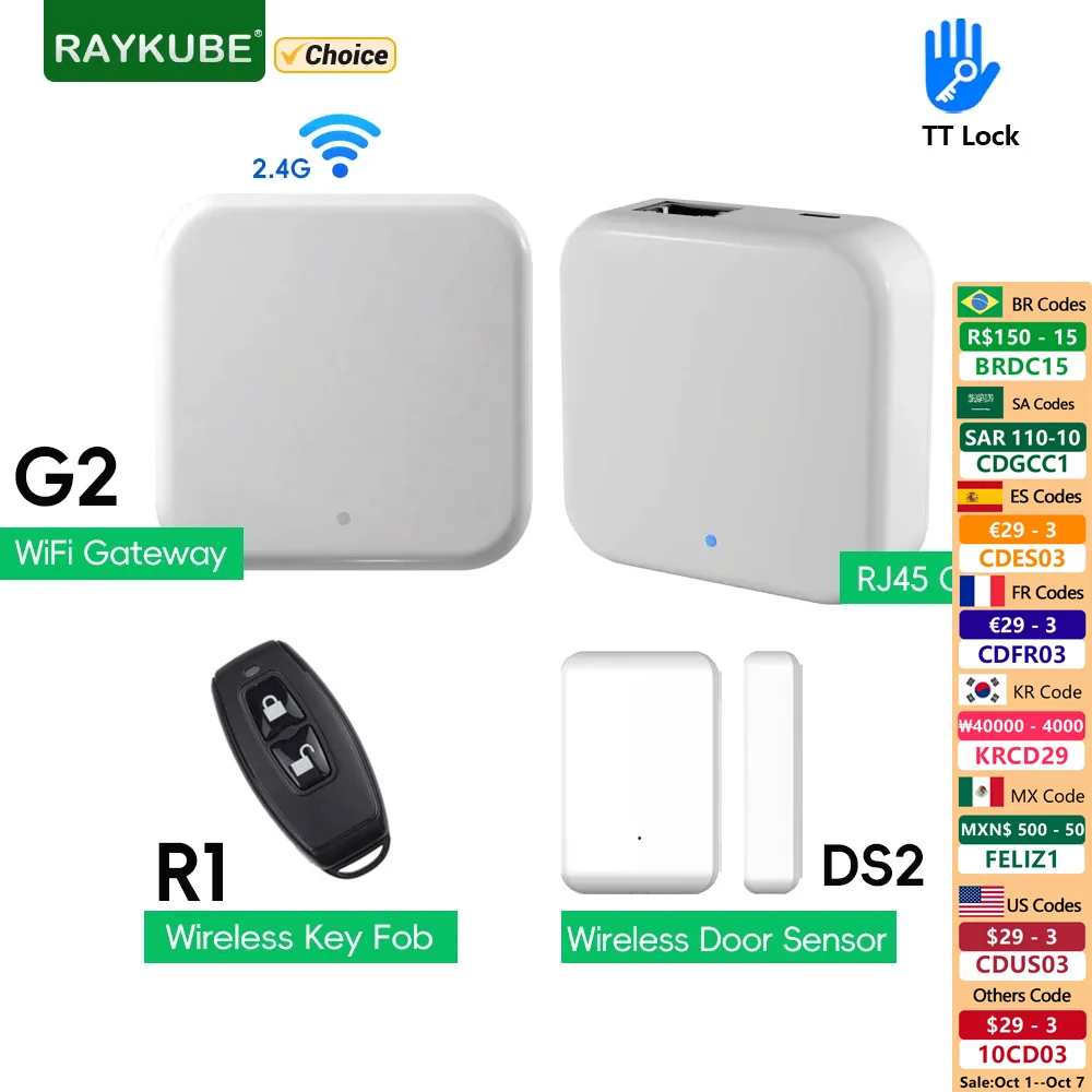 RAYKUBE TT LOCK G2 Wireless Wifi Gateway Hub RJ45 Wired G3 Gateway/TT Lock Key Fob Remote Control/Door Sensor for Smart Lock