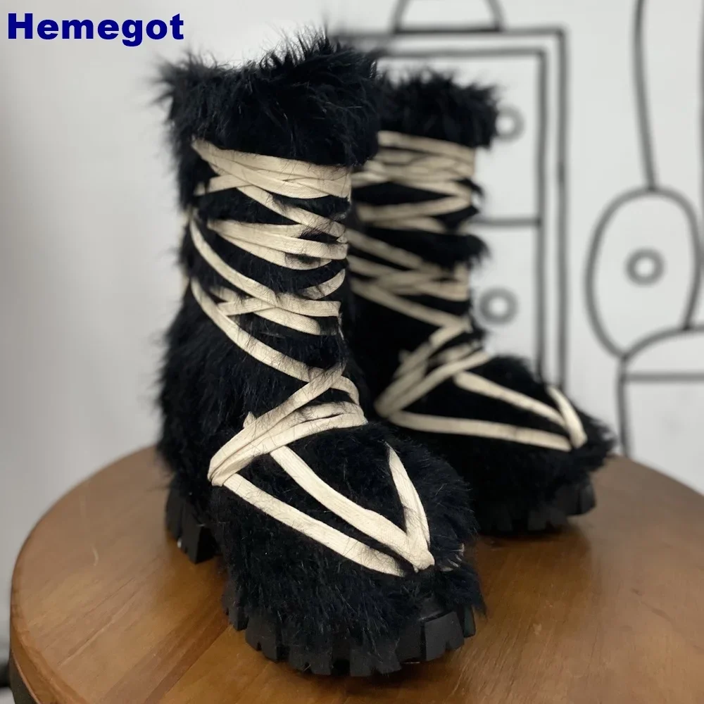 Women Black Furry Mid Calf Platform Boots Round Toe Contrast Lace Up Thick Lug Sole Y2K Gothic Street Fashion Winter Wedge Boots
