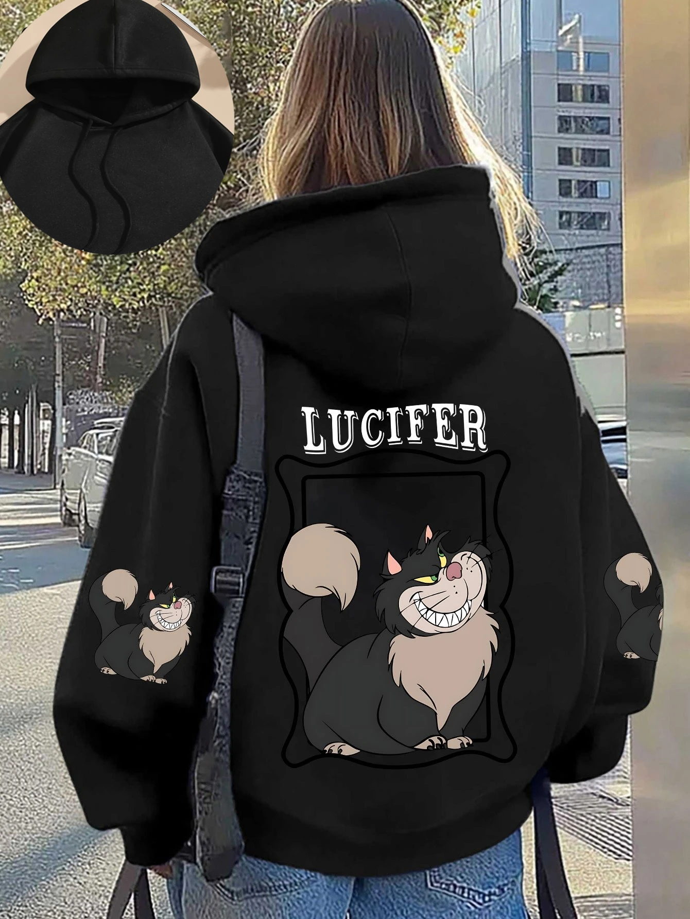 Women's Disney 101 Dalmatians Lucifer Hoodies Cotton Cozy Fleece Hoody Sweatshirt Pullover Autumn Winter Coats Oversized Jacket