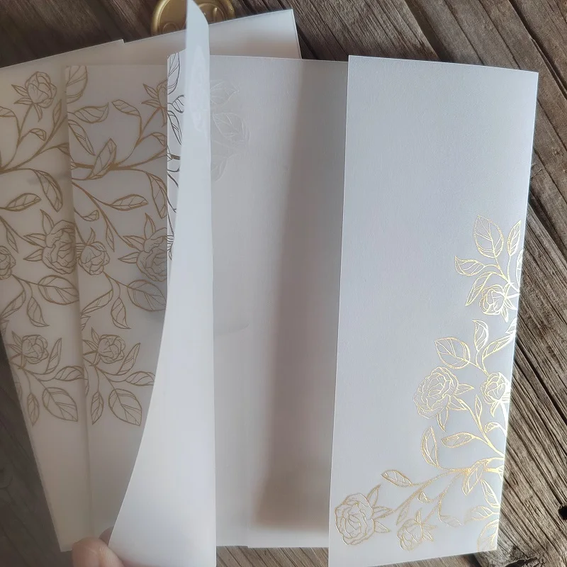 Matte Gold Little Rose Vine flower Vellum Wrap Suitable for a 5 x 7 inch Wedding Invitation