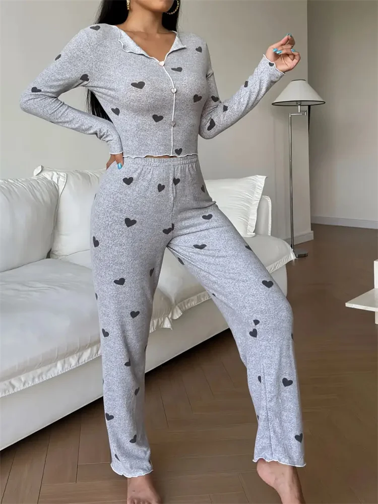 Women's Heart Print Elegant Button Detail Lounge Set Long Sleeve V Neck Top & Pants Comfortable Casual Nightwear