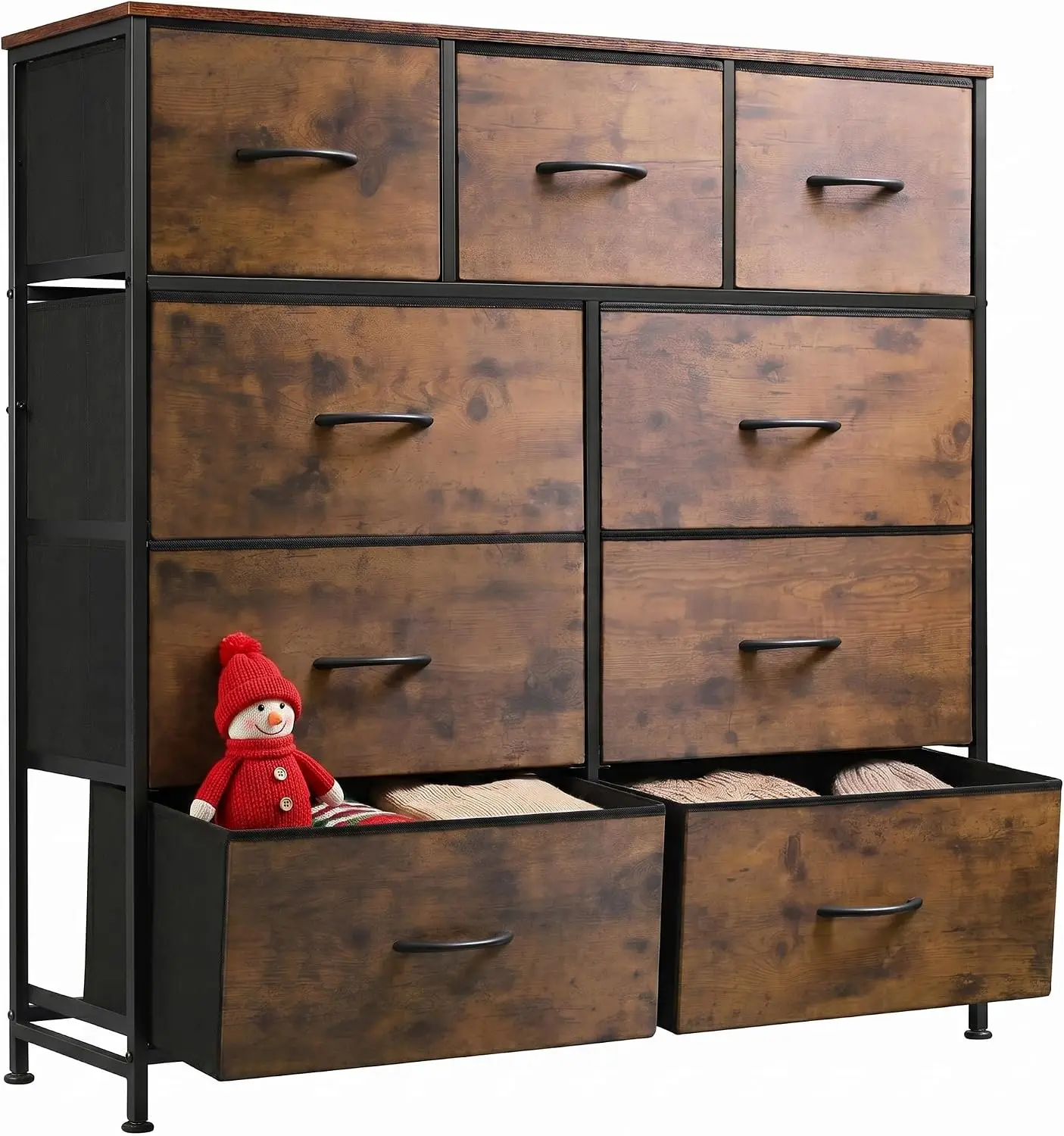 WLIVE Cómoda de 9 cajones, torre de almacenamiento de tela para dormitorio, pasillo, entrada, armario, unidad organizadora alta con contenedores de tela, estructura de acero, tapa de madera, tirador de fácil apertura, estampado de veta de madera marrón rústico
