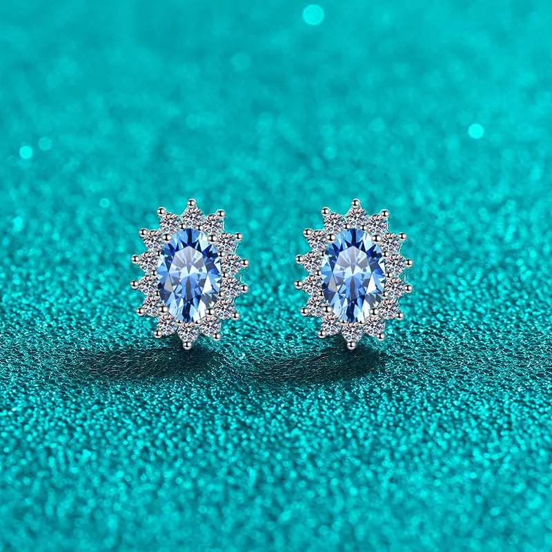 

925 Sterling Silver Stud Earrings for Women Valentine's Day Gift 1ct Oval Sapphire Blue Moissanite New Versatile Design